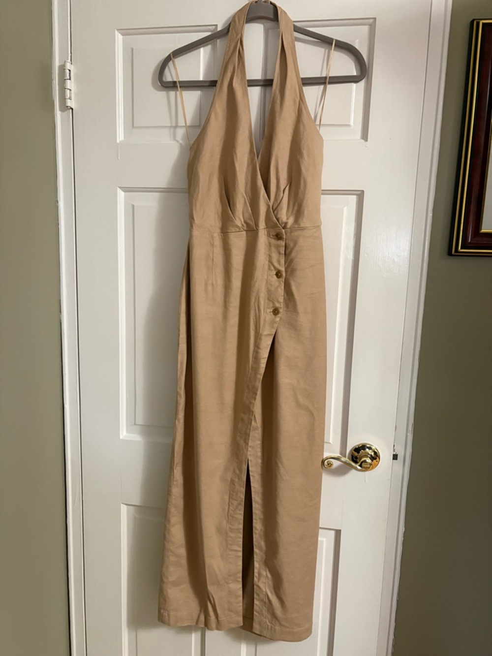 Beige Halter Maxi Dress with Side Buttons